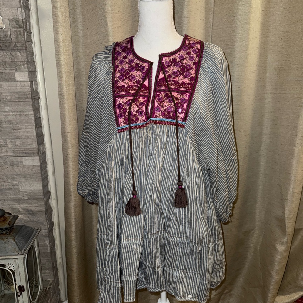 Free People Blue Striped Top with Pink Embroidery